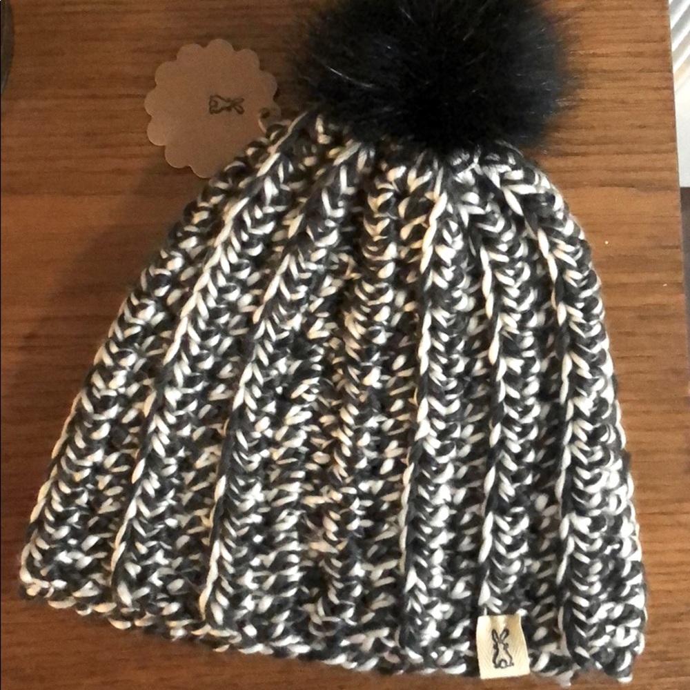 Charcoal Gray Knitted Hat W/Black PomPom